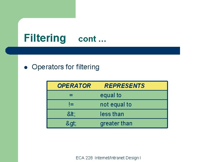 Filtering l cont … Operators for filtering OPERATOR REPRESENTS = equal to != not