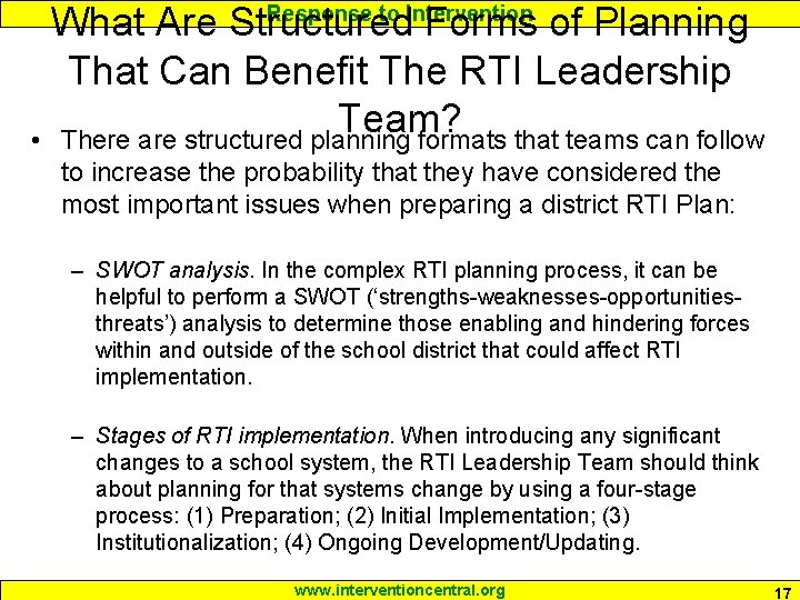 What Are Structured Forms of Planning That Can Benefit The RTI Leadership Team? •