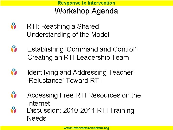 Response to Intervention Workshop Agenda RTI: Reaching a Shared Understanding of the Model Establishing