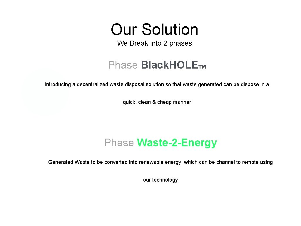 Our Solution We Break into 2 phases Phase Black. HOLETM Introducing a decentralized waste