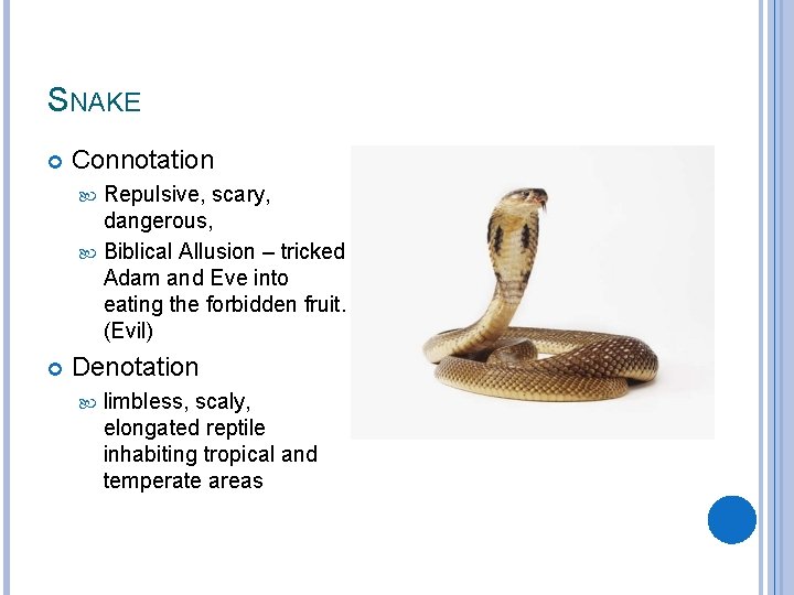 SNAKE Connotation Repulsive, scary, dangerous, Biblical Allusion – tricked Adam and Eve into eating