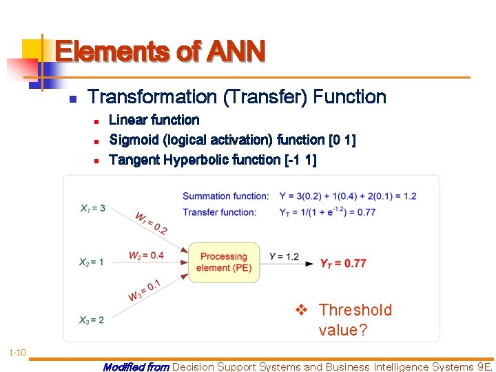 Elements of ANN n Transformation (Transfer) Function n Linear function Sigmoid (logical activation) function