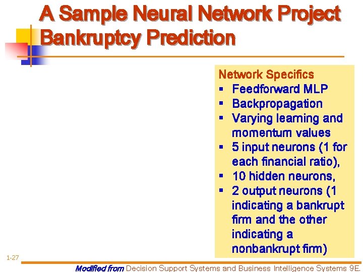 A Sample Neural Network Project Bankruptcy Prediction 1 -27 Network Specifics § Feedforward MLP