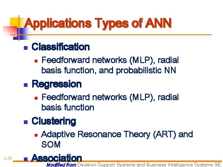 Applications Types of ANN n Classification n n Regression n Feedforward networks (MLP), radial