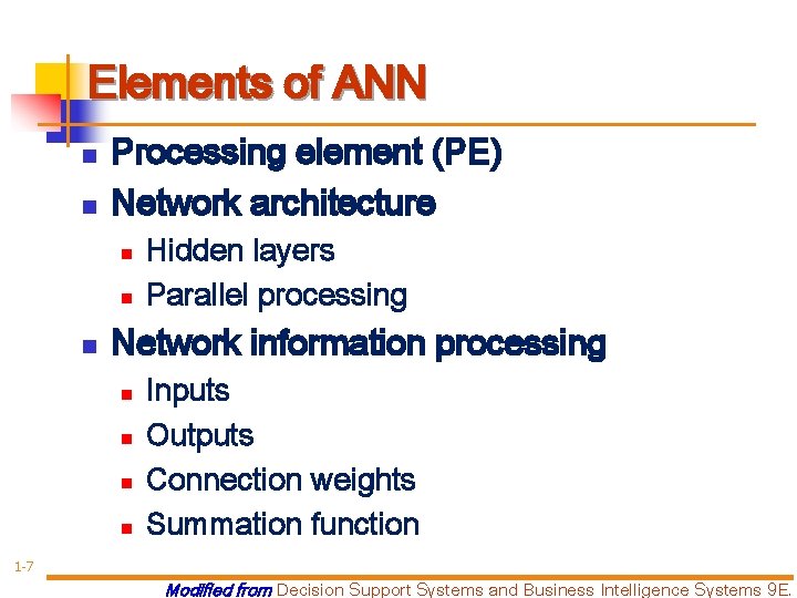 Elements of ANN n n Processing element (PE) Network architecture n n n Hidden