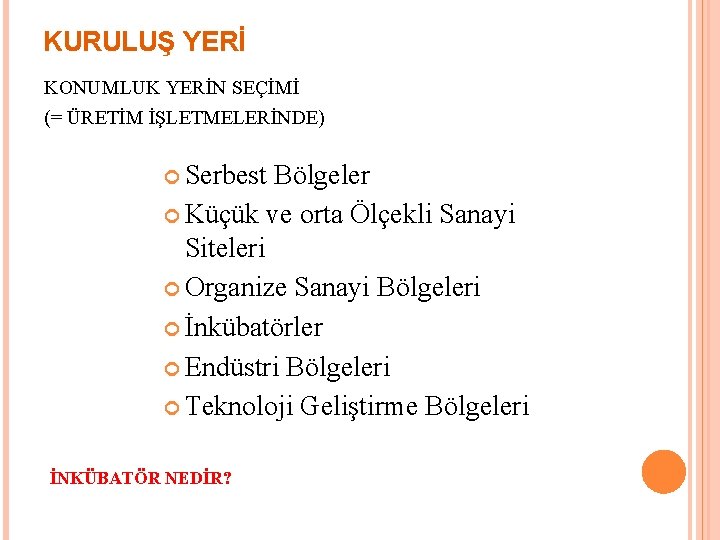 KURULUŞ YERİ KONUMLUK YERİN SEÇİMİ (= ÜRETİM İŞLETMELERİNDE) Serbest Bölgeler Küçük ve orta Ölçekli