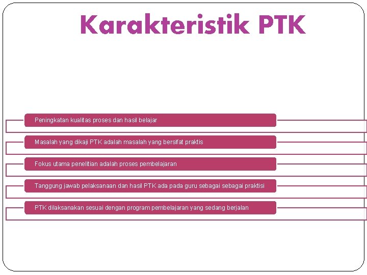 Karakteristik PTK Peningkatan kualitas proses dan hasil belajar Masalah yang dikaji PTK adalah masalah