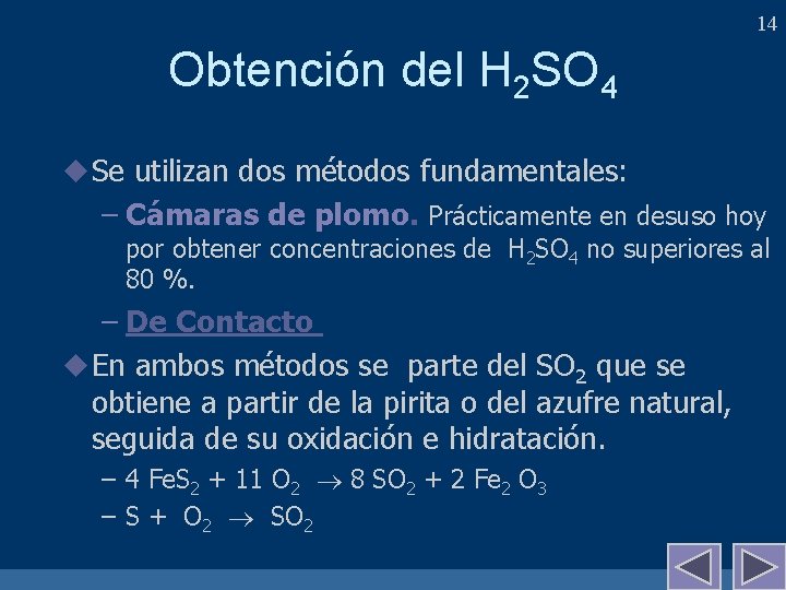 14 Obtención del H 2 SO 4 u Se utilizan dos métodos fundamentales: –