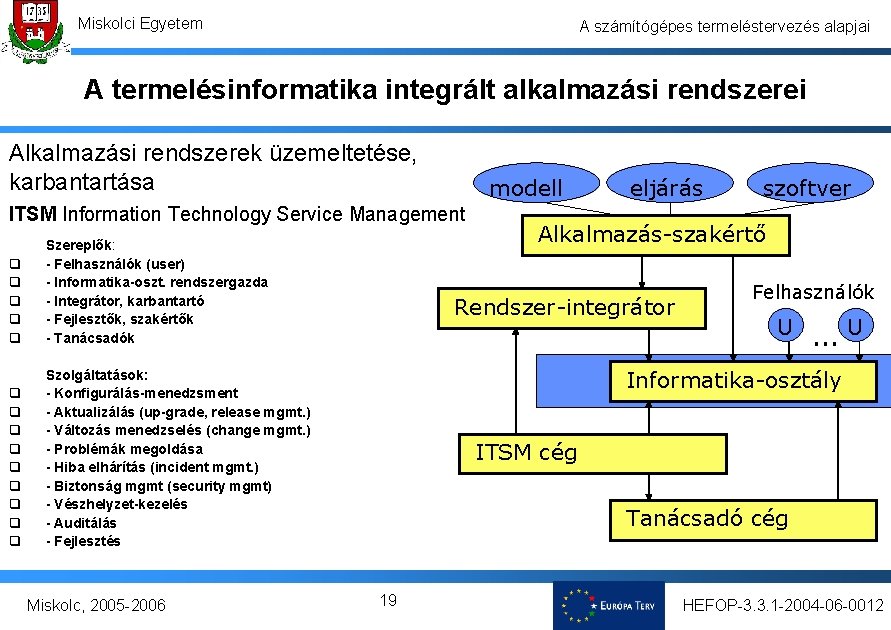 Miskolci Egyetem A számítógépes termeléstervezés alapjai A termelésinformatika integrált alkalmazási rendszerei Alkalmazási rendszerek üzemeltetése,