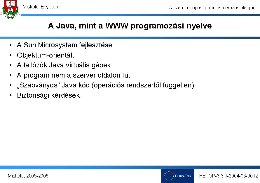Miskolci Egyetem A számítógépes termeléstervezés alapjai A Java, mint a WWW programozási nyelve •