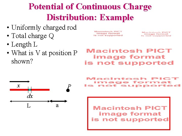 Potential of Continuous Charge Distribution: Example • Uniformly charged rod • Total charge Q