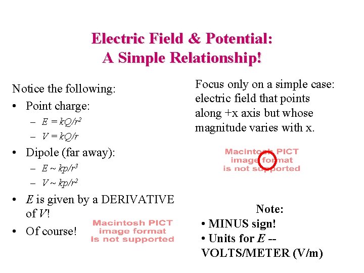 Electric Field & Potential: A Simple Relationship! Notice the following: • Point charge: –