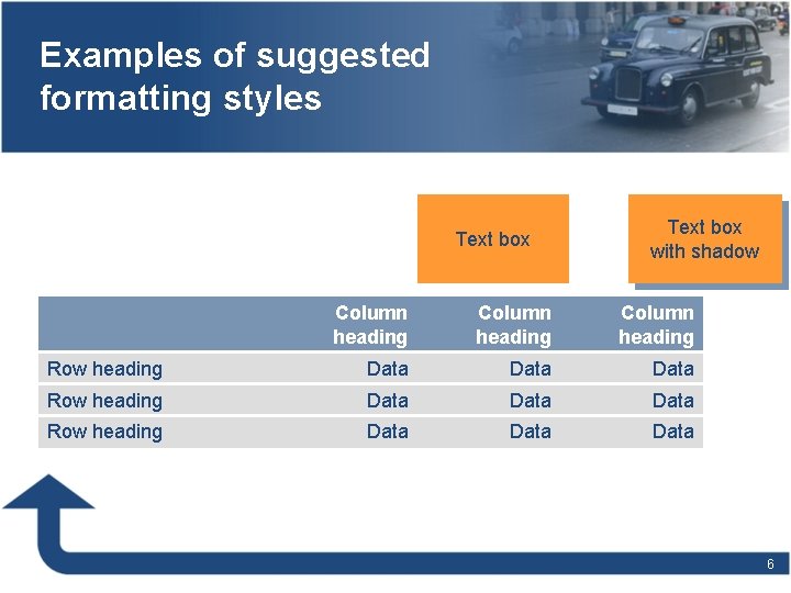 Examples of suggested formatting styles Text box with shadow Column heading Row heading Data