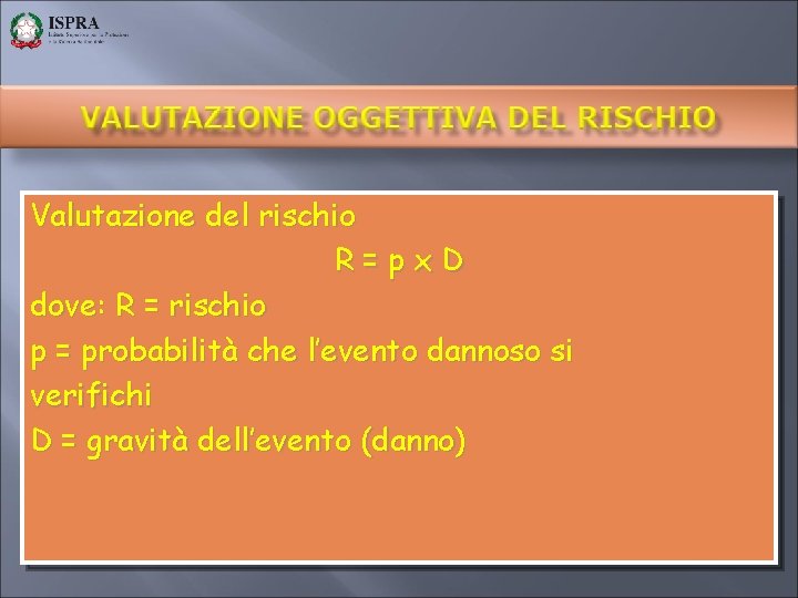 Valutazione del rischio R=px. D dove: R = rischio p = probabilità che l’evento