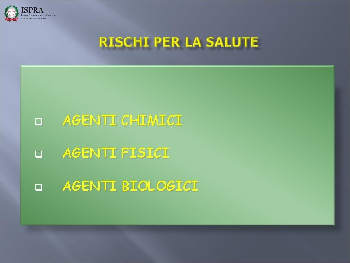  AGENTI CHIMICI AGENTI FISICI AGENTI BIOLOGICI 