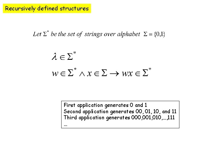 Recursively defined structures First application generates 0 and 1 Second application generates 00, 01,