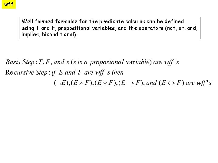 wff Well formed formulae for the predicate calculus can be defined using T and