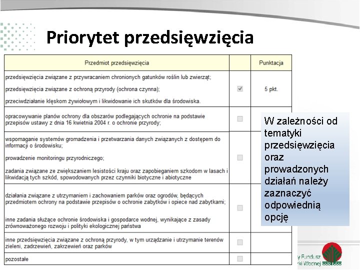 Priorytet przedsięwzięcia W zależności od tematyki przedsięwzięcia oraz prowadzonych działań należy zaznaczyć odpowiednią opcję