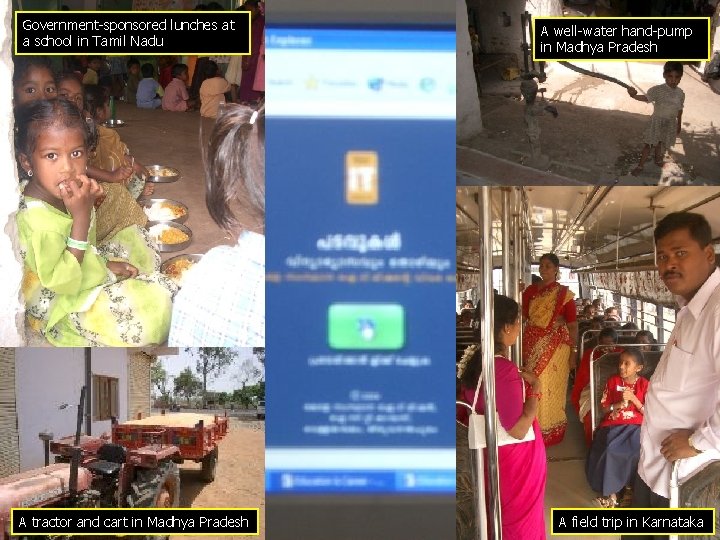 Government-sponsored lunches at a school in Tamil Nadu A tractor and cart in Madhya