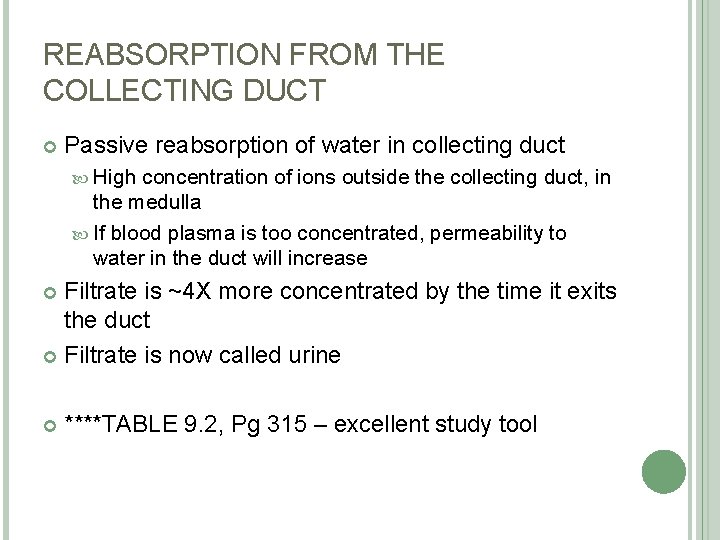 REABSORPTION FROM THE COLLECTING DUCT Passive reabsorption of water in collecting duct High concentration