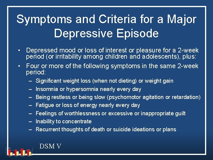 Symptoms and Criteria for a Major Depressive Episode • Depressed mood or loss of Symptoms and Criteria for a Major Depressive Episode • Depressed mood or loss of
