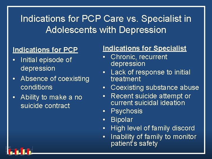 Indications for PCP Care vs. Specialist in Adolescents with Depression Indications for PCP • Indications for PCP Care vs. Specialist in Adolescents with Depression Indications for PCP •