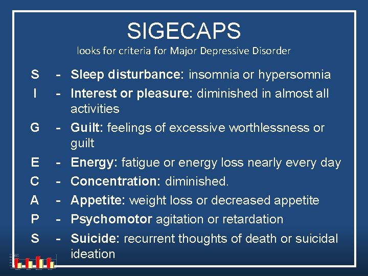 SIGECAPS looks for criteria for Major Depressive Disorder S I G E C A SIGECAPS looks for criteria for Major Depressive Disorder S I G E C A