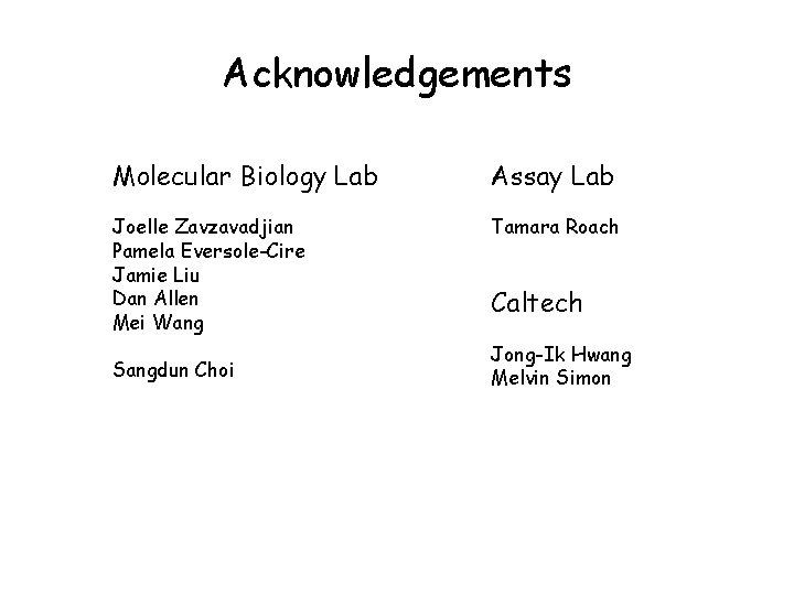 Acknowledgements Molecular Biology Lab Assay Lab Joelle Zavzavadjian Pamela Eversole-Cire Jamie Liu Dan Allen