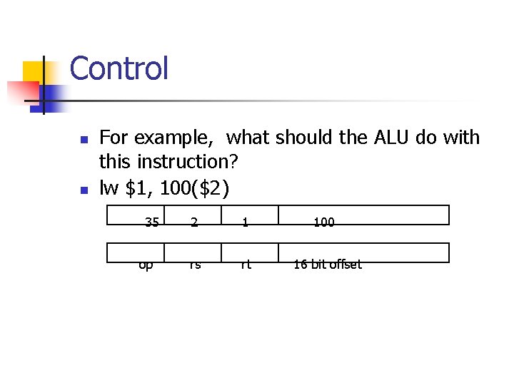 Control n n For example, what should the ALU do with this instruction? lw