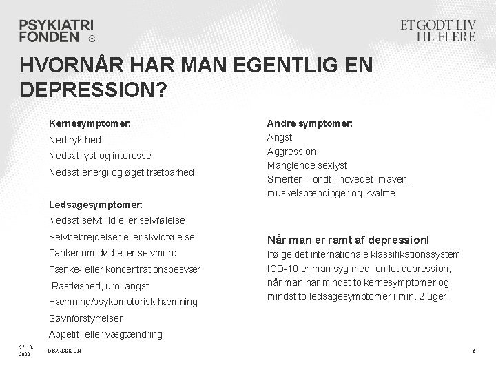 HVORNÅR HAR MAN EGENTLIG EN DEPRESSION? Kernesymptomer: Nedtrykthed Nedsat lyst og interesse Nedsat energi