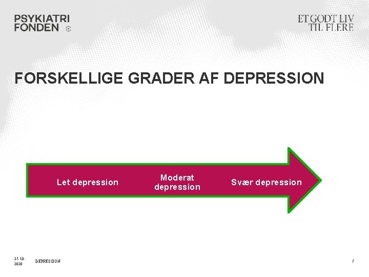 FORSKELLIGE GRADER AF DEPRESSION Let depression 27 -102020 DEPRESSION Moderat depression Svær depression 7