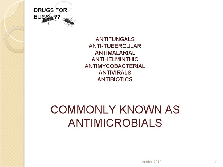 DRUGS FOR BUGS ? ? ANTIBIOTICS ANTIVIRALSA ANTIFUNGALS ANTI-TUBERCULAR ANTIMALARIAL ANTIHELMINTHIC ANTIMYCOBACTERIAL ANTIVIRALS ANTIBIOTICS