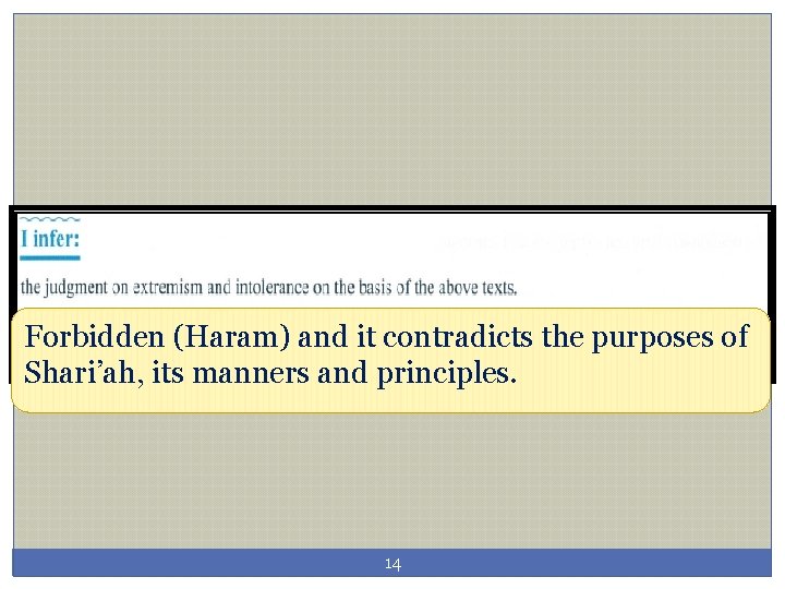 Forbidden (Haram) and it contradicts the purposes of Shari’ah, its manners and principles. 14