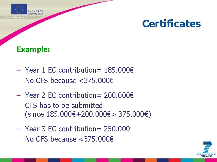 Certificates Example: – Year 1 EC contribution= 185. 000€ No CFS because <375. 000€