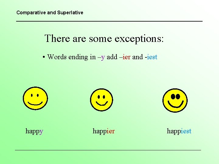 Comparative and Superlative There are some exceptions: • Words ending in –y add –ier
