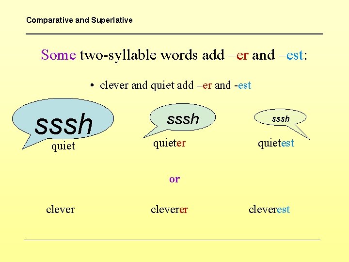 Comparative and Superlative Some two-syllable words add –er and –est: • clever and quiet