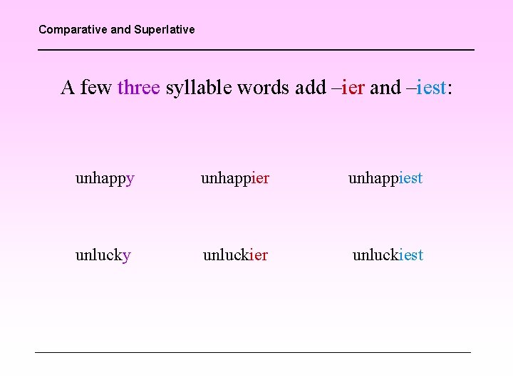 Comparative and Superlative A few three syllable words add –ier and –iest: unhappy unhappier