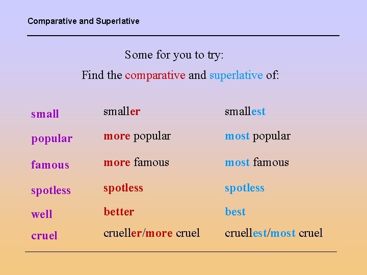 Comparative and Superlative Some for you to try: Find the comparative and superlative of: