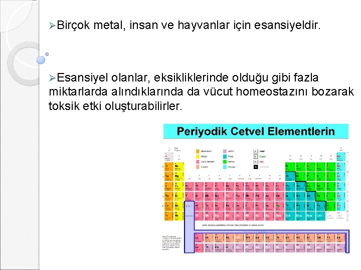 ØBirçok metal, insan ve hayvanlar için esansiyeldir. ØEsansiyel olanlar, eksikliklerinde olduğu gibi fazla miktarlarda