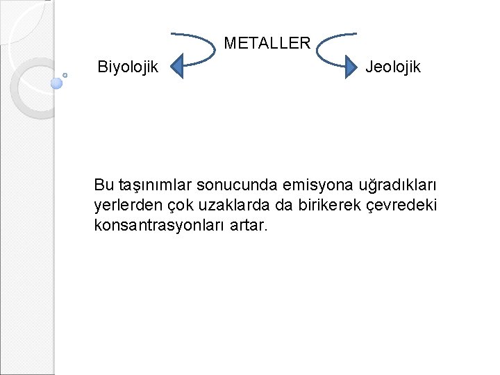 METALLER Biyolojik Jeolojik Bu taşınımlar sonucunda emisyona uğradıkları yerlerden çok uzaklarda da birikerek çevredeki