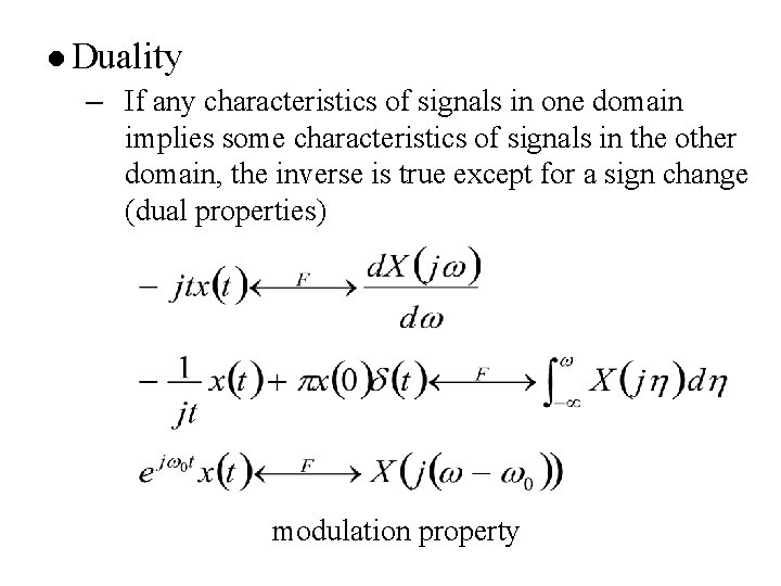 l Duality – If any characteristics of signals in one domain implies some characteristics