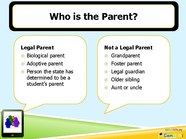 Who is the Parent? Legal Parent Not a Legal Parent Biological parent Grandparent Adoptive