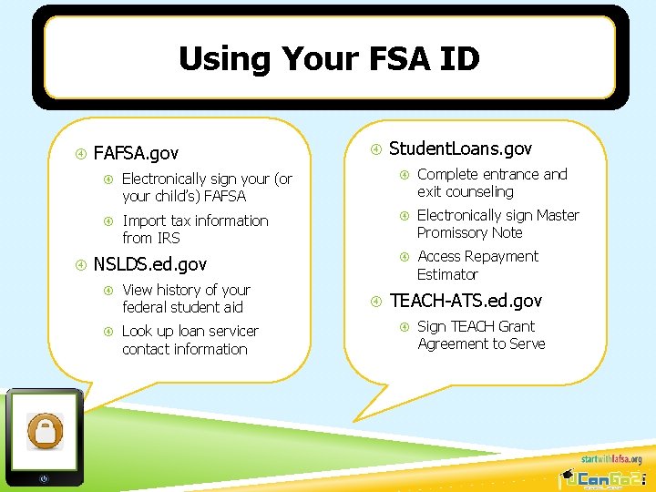 Using Your FSA ID FAFSA. gov Student. Loans. gov Electronically sign your (or Complete