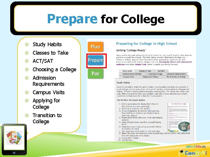 Prepare for College Study Habits Classes to Take ACT/SAT Choosing a College Admission Requirements