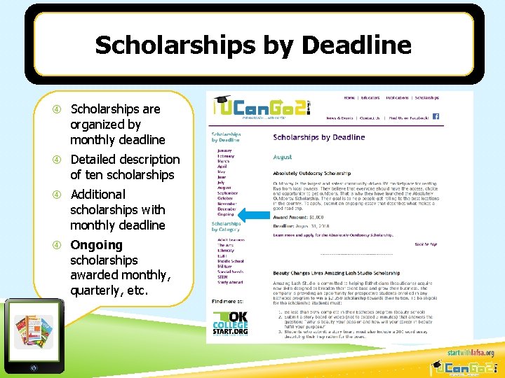 Scholarships by Deadline Scholarships are organized by monthly deadline Detailed description of ten scholarships