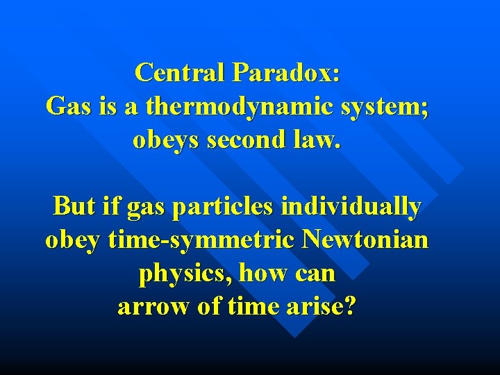Central Paradox: Gas is a thermodynamic system; obeys second law. But if gas particles