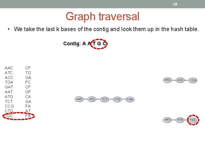 15 Graph traversal • We take the last k bases of the contig and