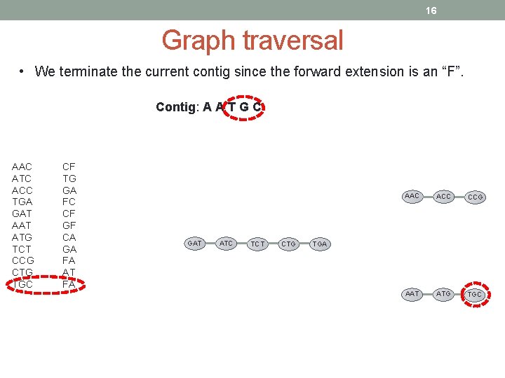 16 Graph traversal • We terminate the current contig since the forward extension is