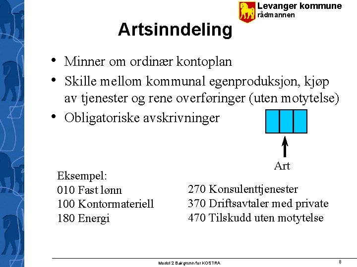 Levanger kommune rådmannen Artsinndeling • Minner om ordinær kontoplan • Skille mellom kommunal egenproduksjon,