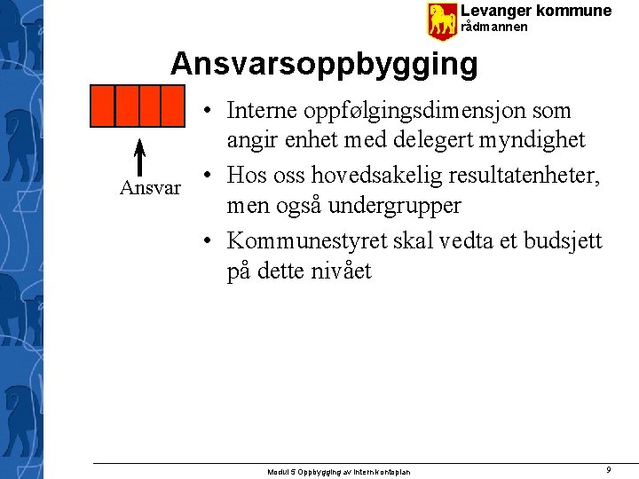 Levanger kommune rådmannen Ansvarsoppbygging • Interne oppfølgingsdimensjon som angir enhet med delegert myndighet •